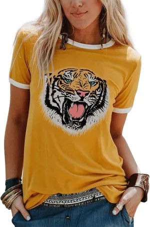 Womens Tiger Printed T-Shirt Funny Cute Animal Graphic Tees Summer Short Sleeve Loose Tee Tops