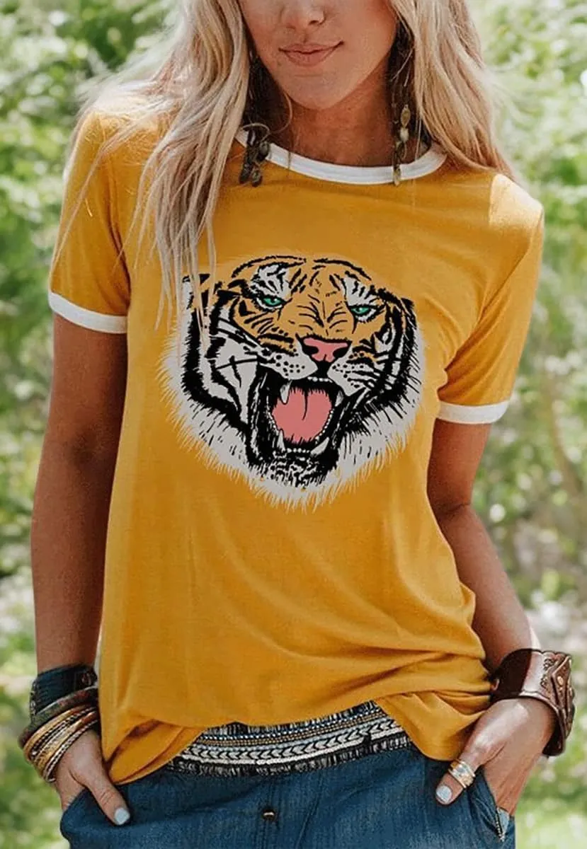 Womens Tiger Printed T-Shirt Funny Cute Animal Graphic Tees Summer Short Sleeve Loose Tee Tops